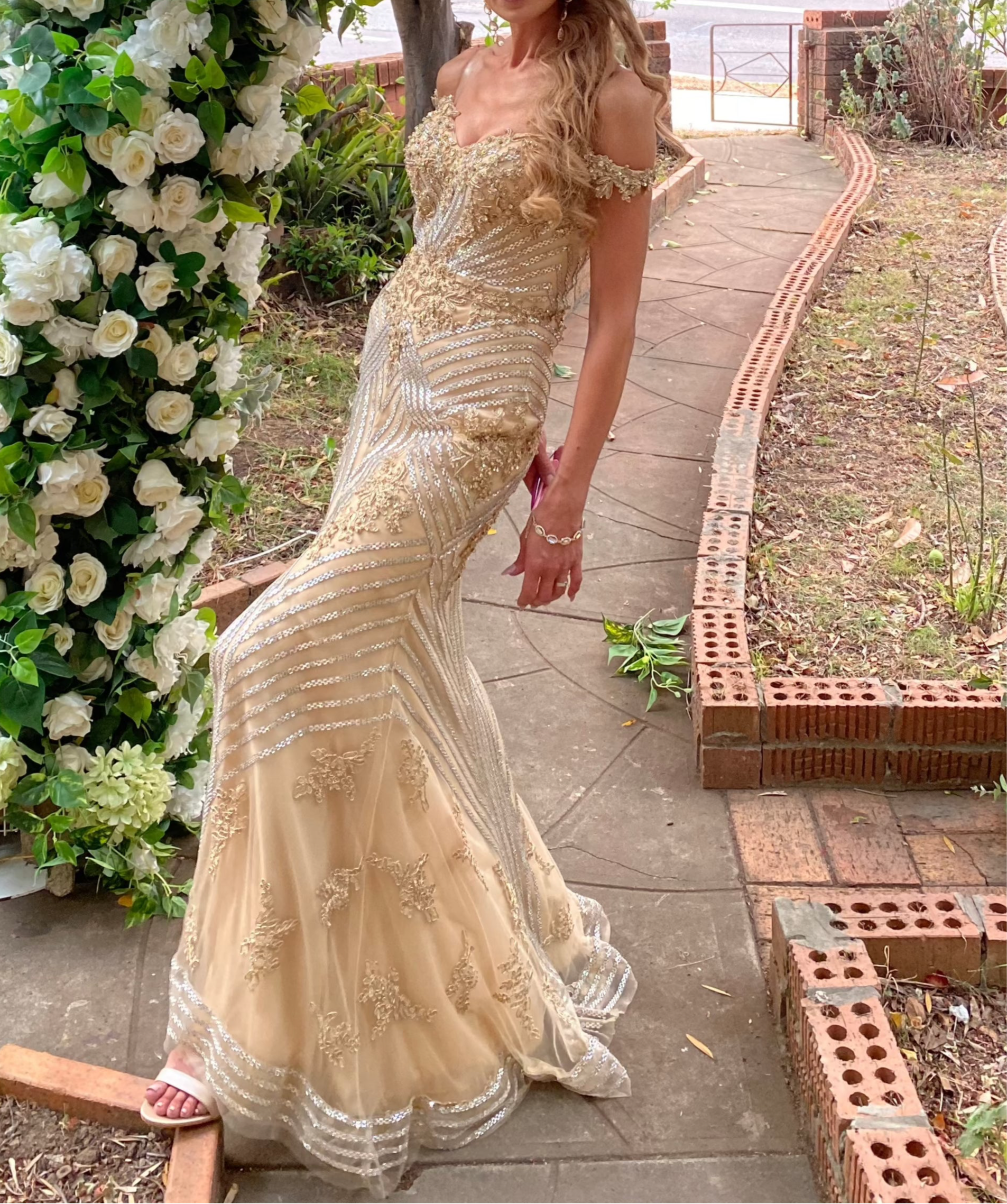Gold beaded couture gown