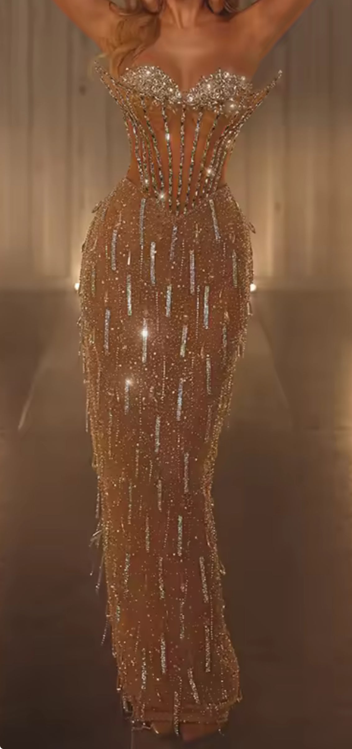 Champagne Mesh Crystal Nude Dress