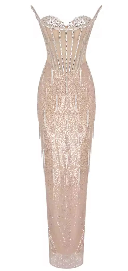 Champagne Mesh Crystal Nude Dress