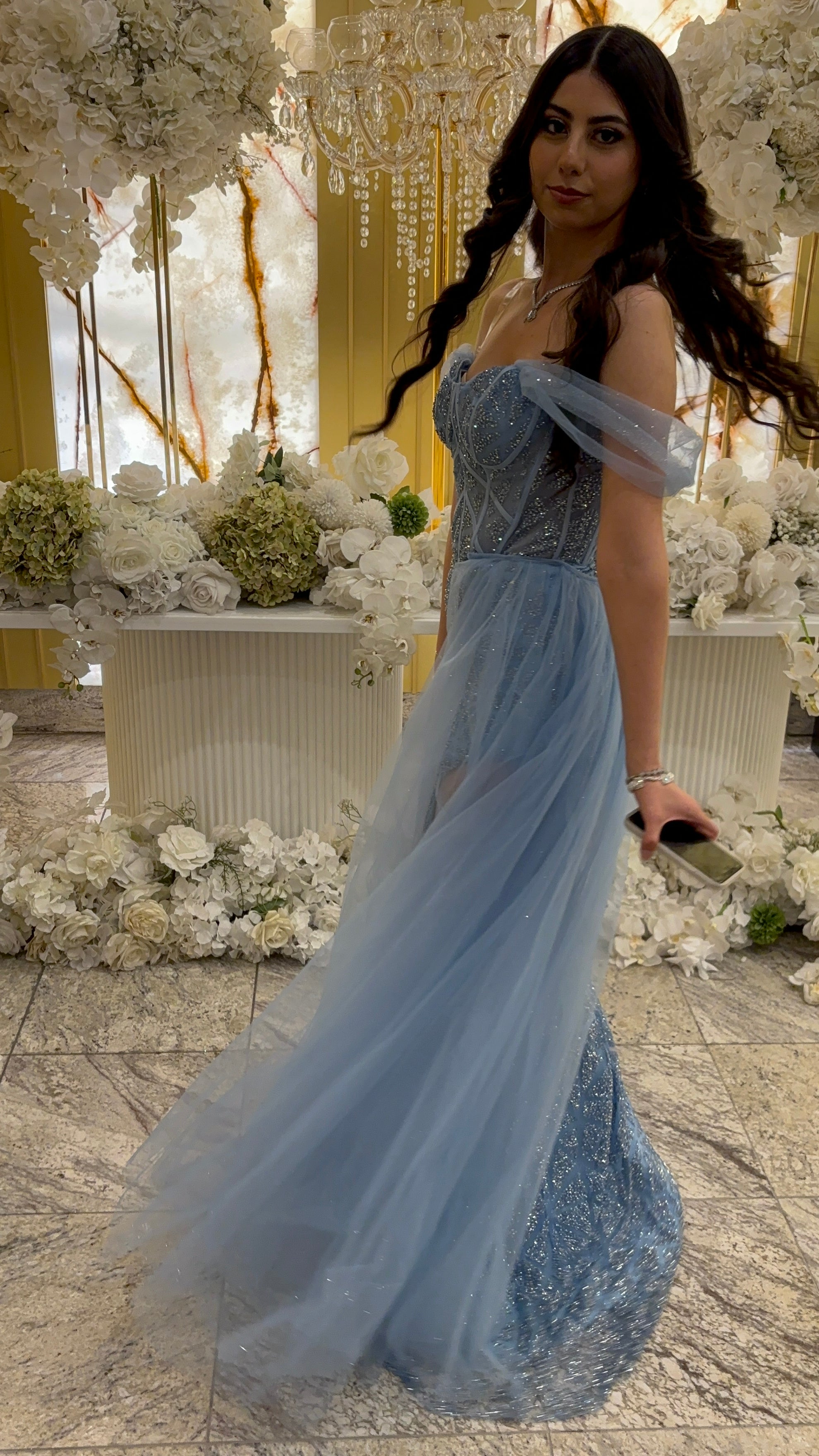 Silver Mist Crystal Glitter Split Prom Dress