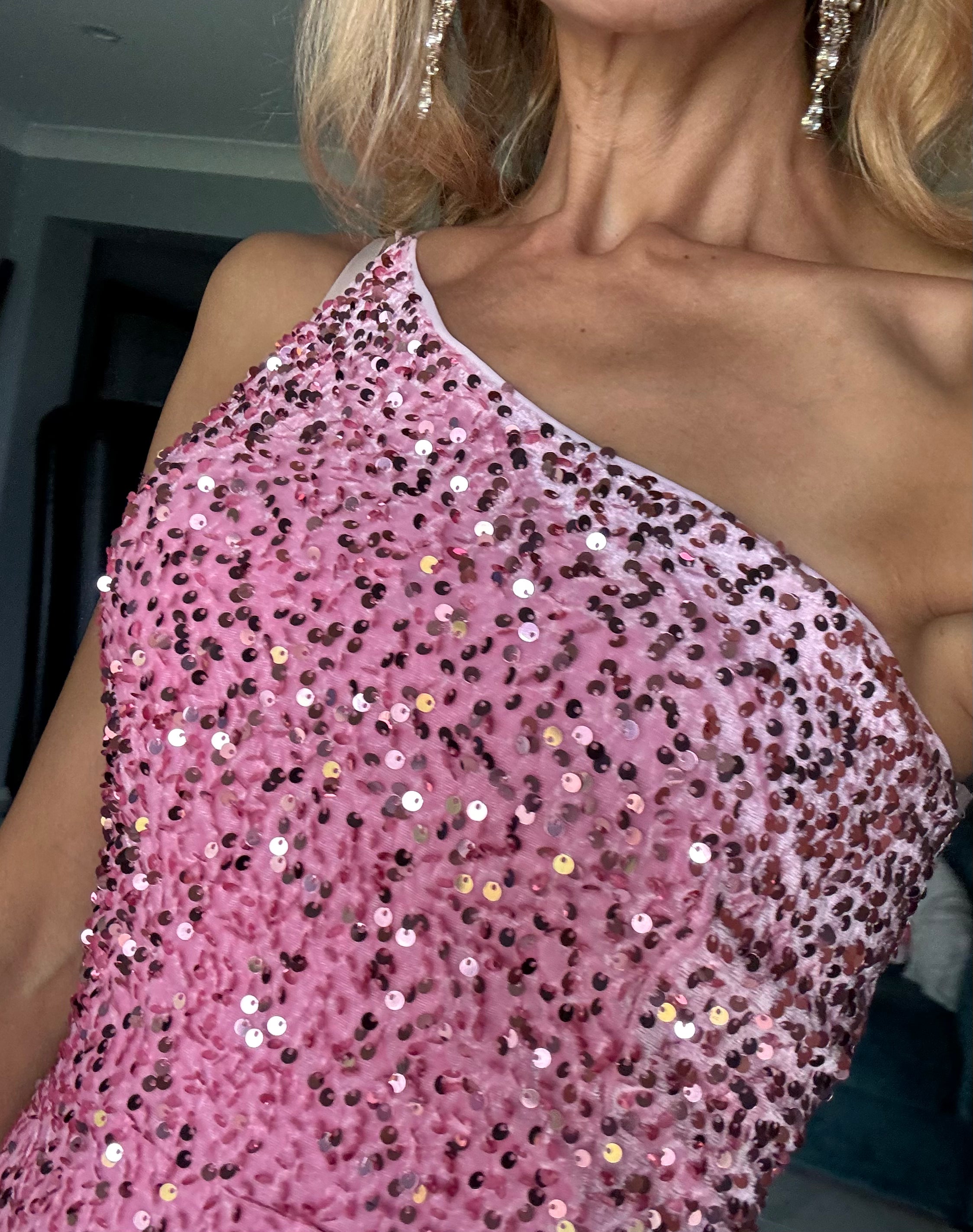 One Shoulder Pink Sequin Dress