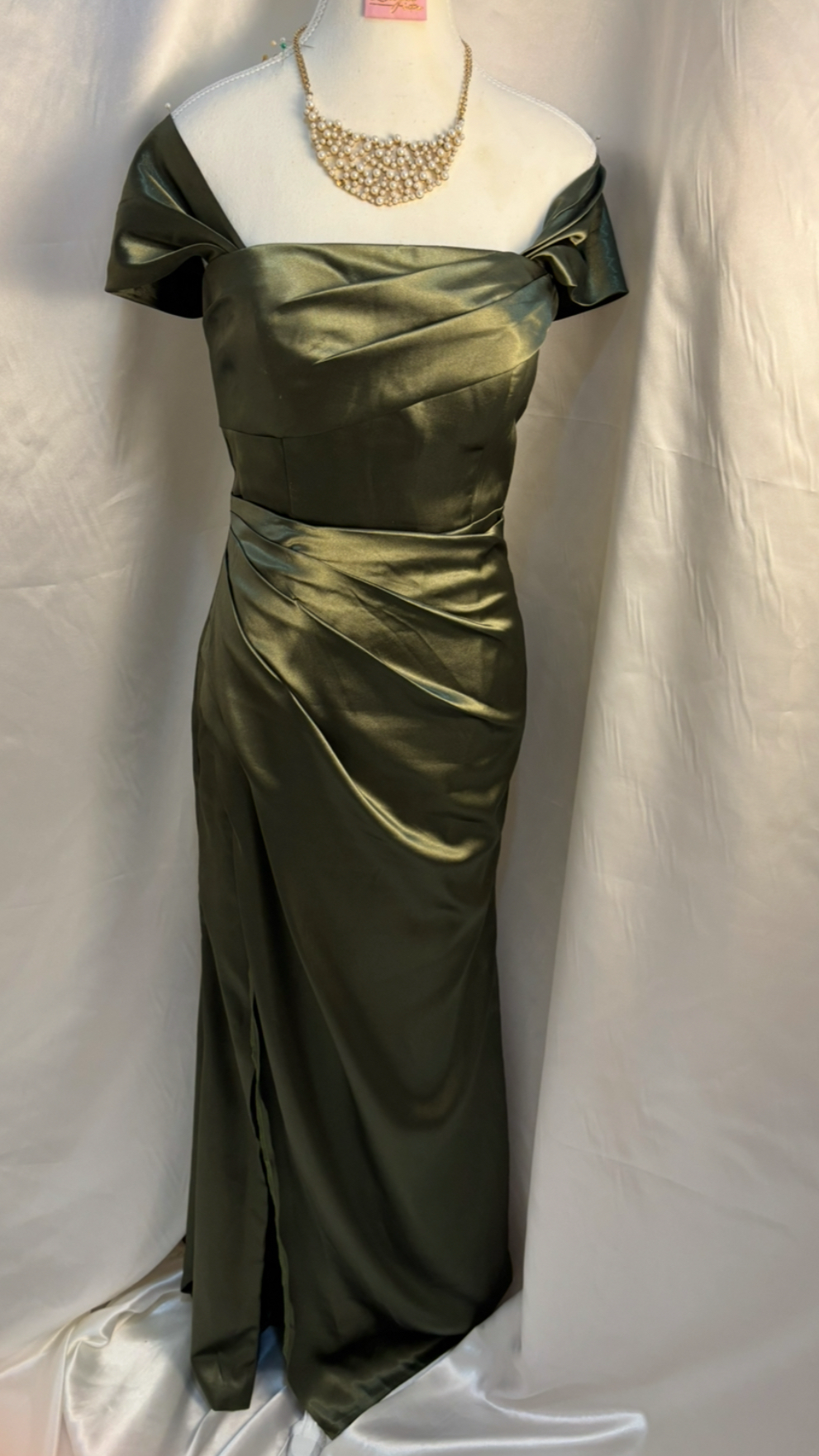 Custom Gathered Satin Off Shoulder Gown Front Slit
