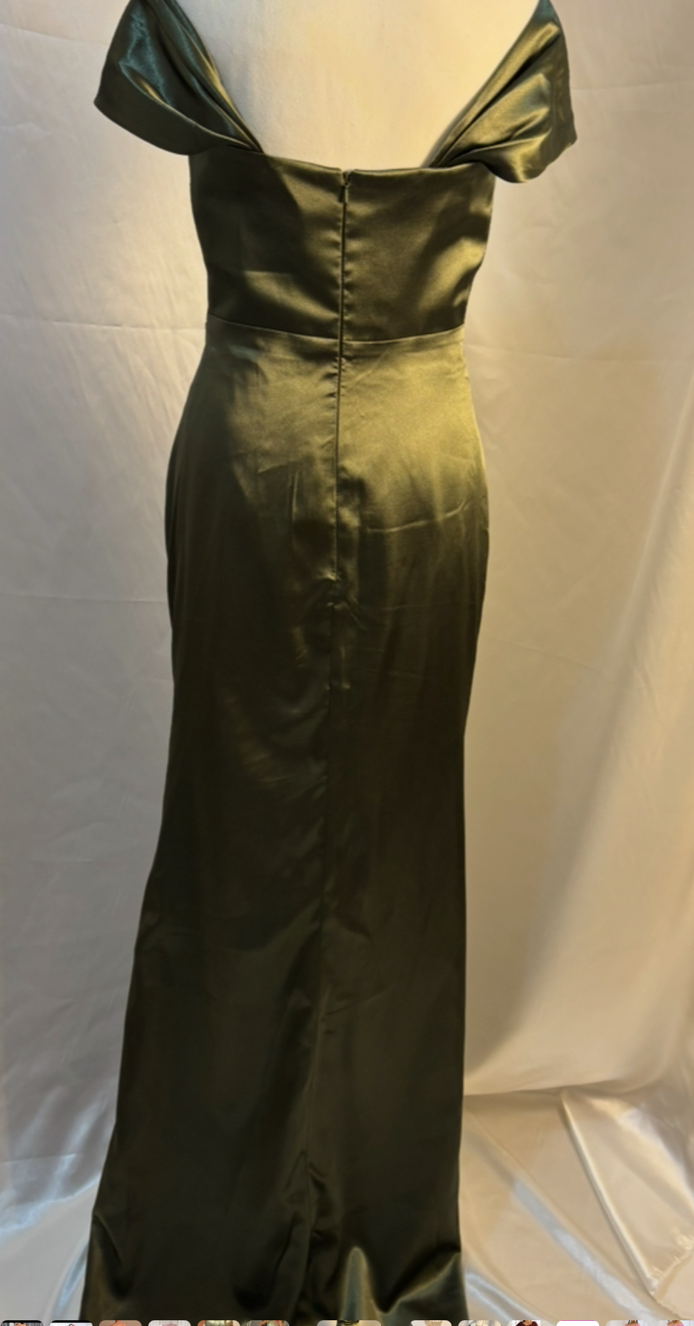 Custom Gathered Satin Off Shoulder Gown Front Slit