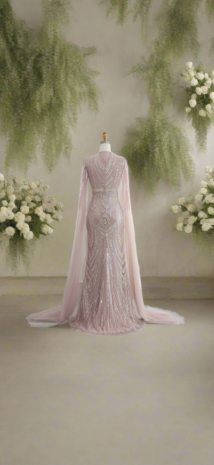 Blushy Fully Beaded Gown with Sleeve