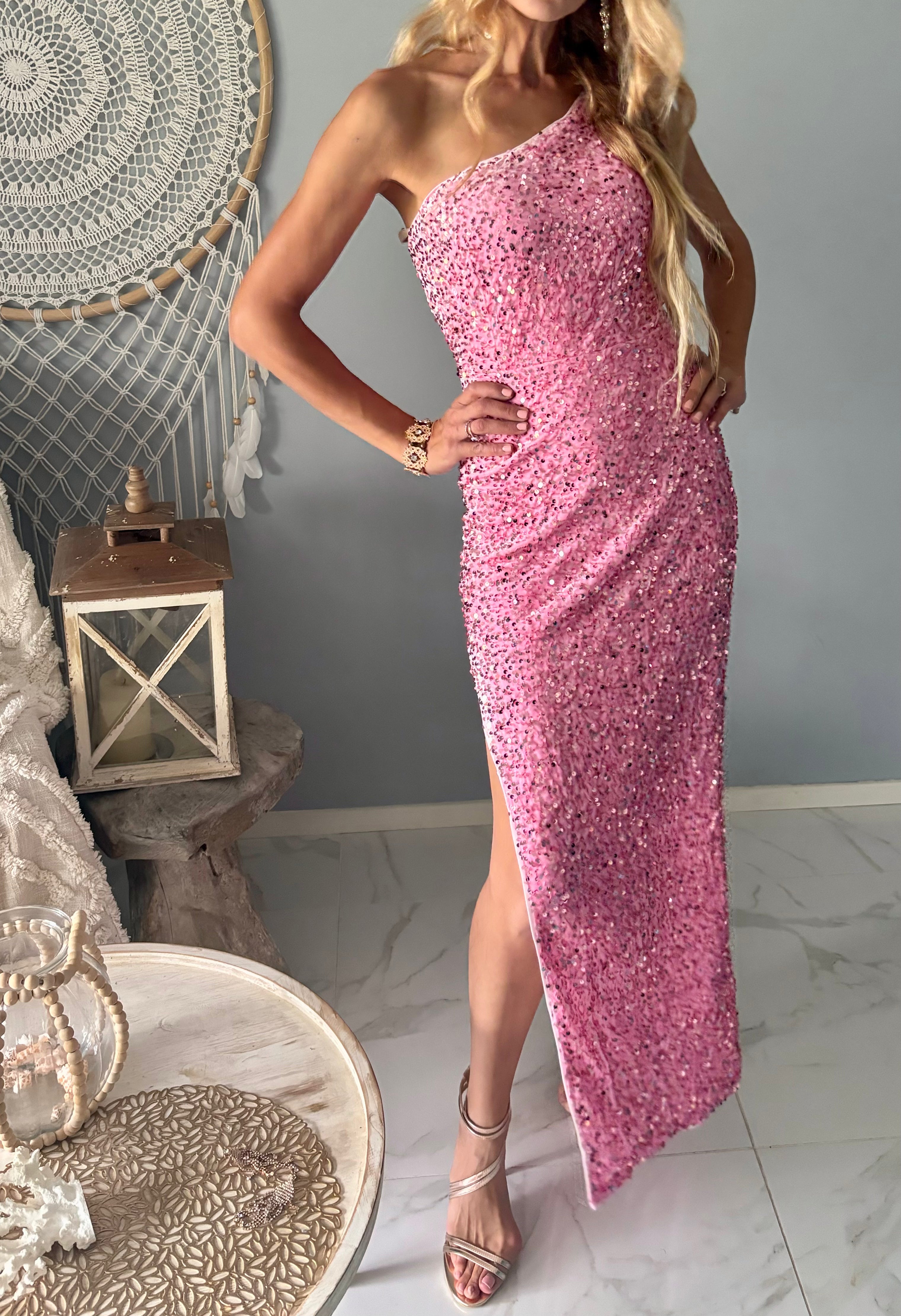 One Shoulder Pink Sequin Dress
