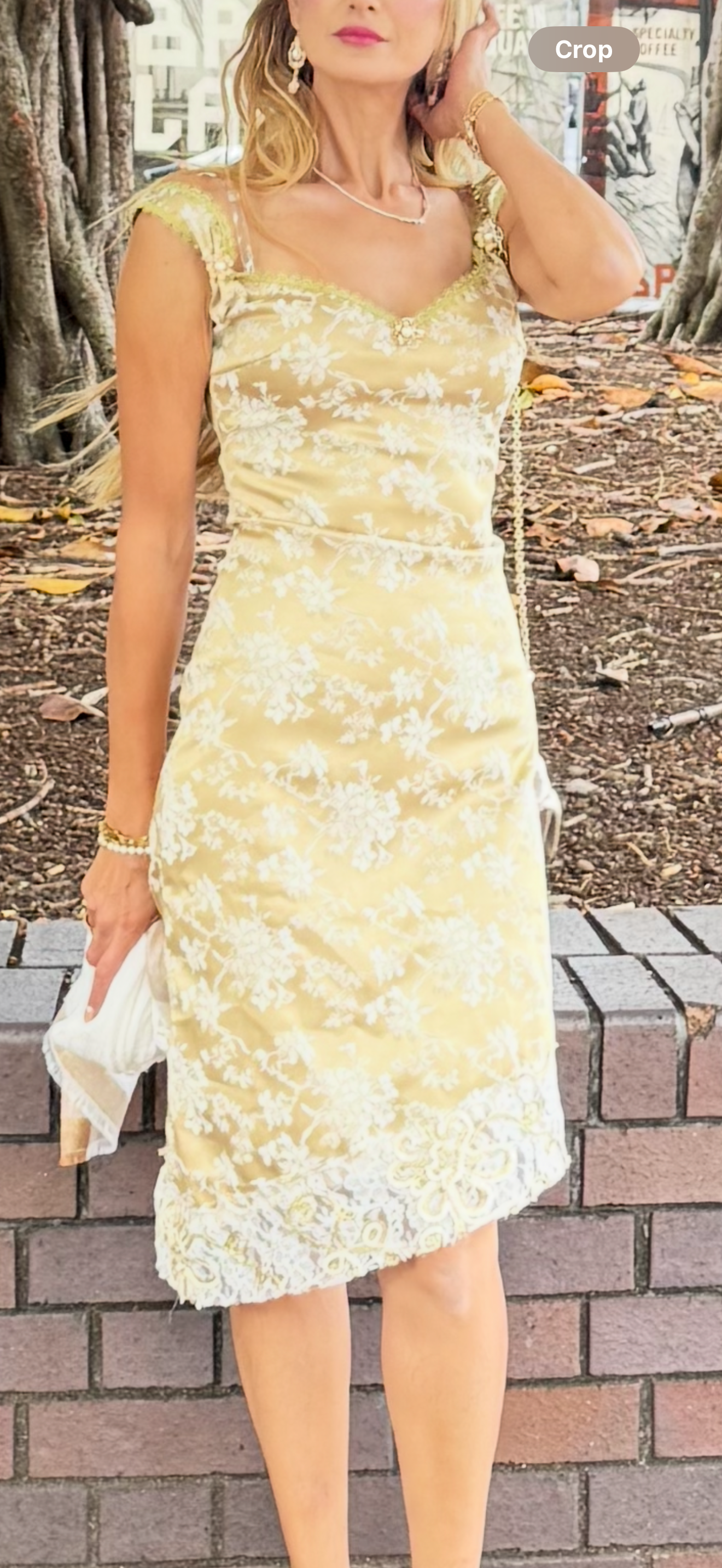 Gold Brocade Oriental Floral Lace Cocktail Dress