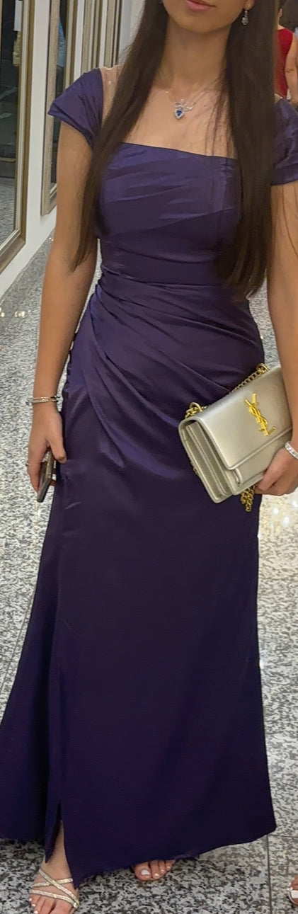 Custom Gathered Satin Off Shoulder Gown Front Slit