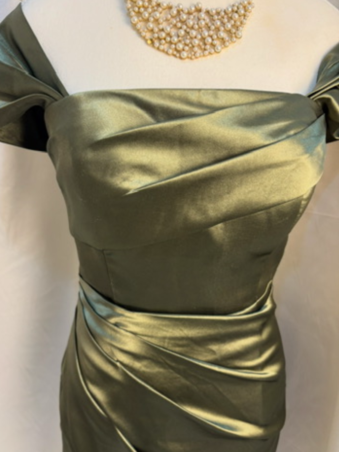 Custom Gathered Satin Off Shoulder Gown Front Slit