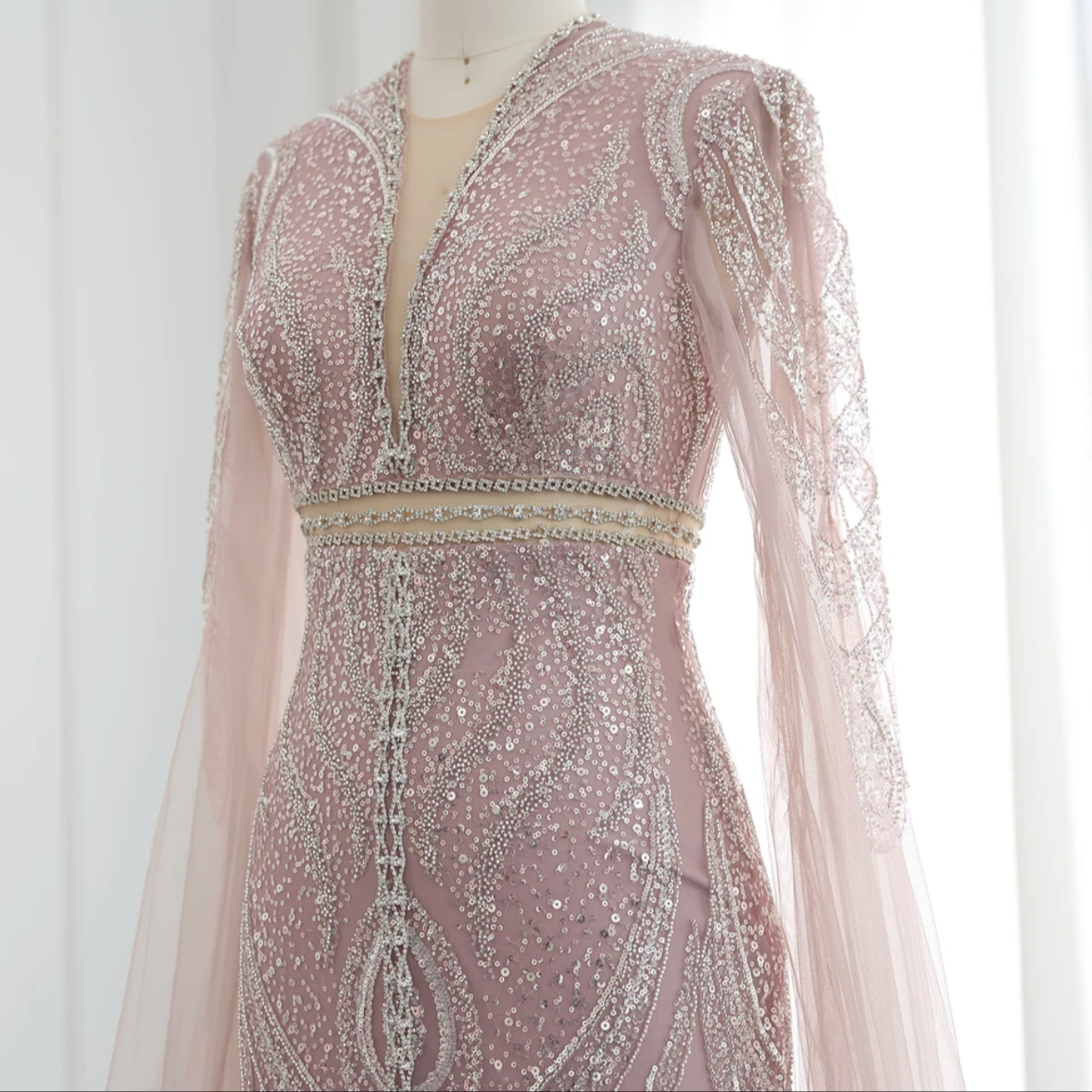 Blushy Fully Beaded Gown with Sleeve